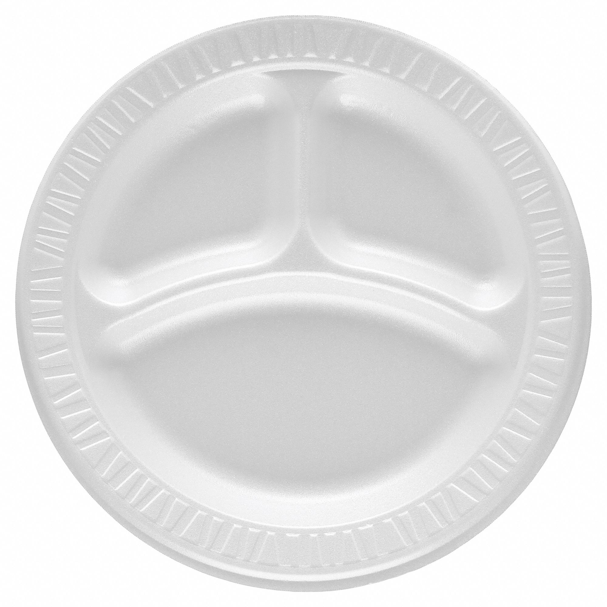 Disposable Foam Plate: White, Light-Wt, 9 in Disposable Plate Size, 3 Compartments, 500 PK
