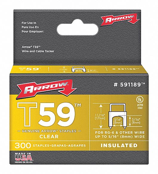 STAPLES, INSULATED, STEEL, 5/16 IN LEG L, 5/16 IN CROWN, 300/BOX, CLEAR, UL