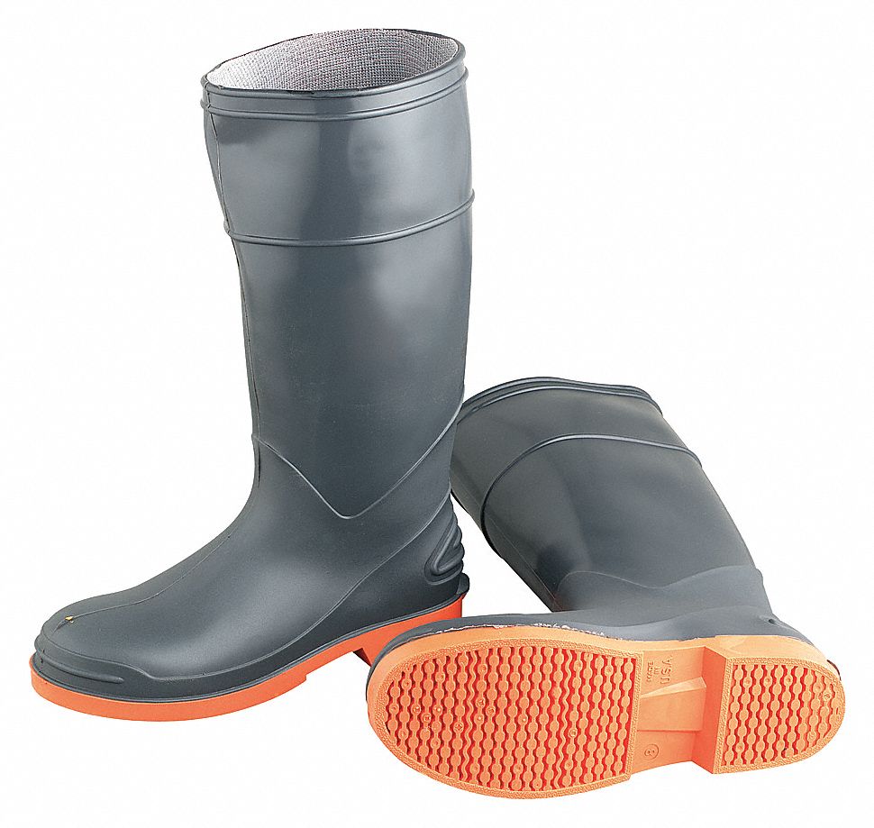 MEN'S BOOTS, SIZE 11, PVC/STEEL TOES, GREY/ORANGE, NON-CSA, 16 IN H, WATERPROOF, ASTM