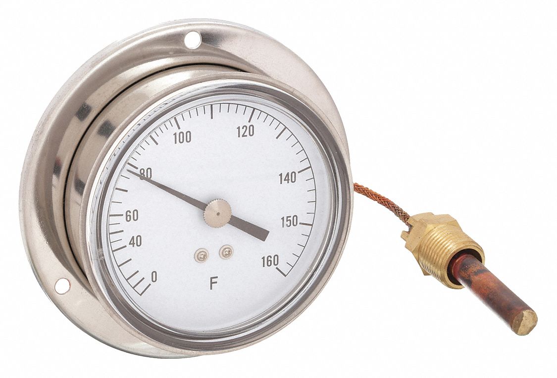 ANALOG PANEL MOUNT THERMOMETER, 3.5 IN DIAL DIAMETER, 2 IN PROBE L, +/-1 ° F SCALE DIVISION