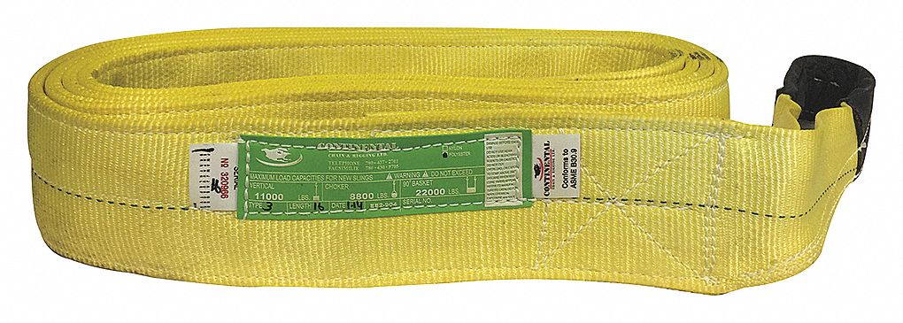 WEB SLING, TYPE 3, FLAT EYE AND EYE, HEAVY LIFT, 2-PLY, YELLOW, 16 FT X 4 IN, 14 IN EYE, SYNTHETIC