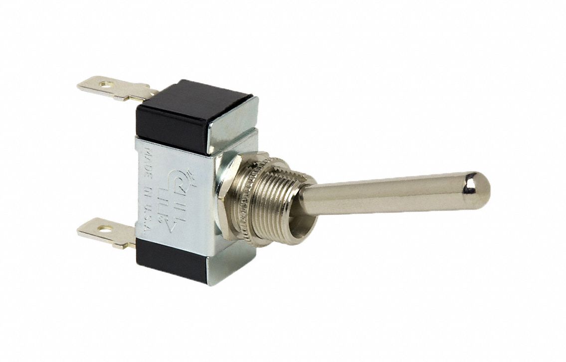 TOGGLE SWITCH, 25 AMP, 2 BLADES, SINGLE-POLE, SINGLE-THROW, SILVER, STEM 15/32 IN L