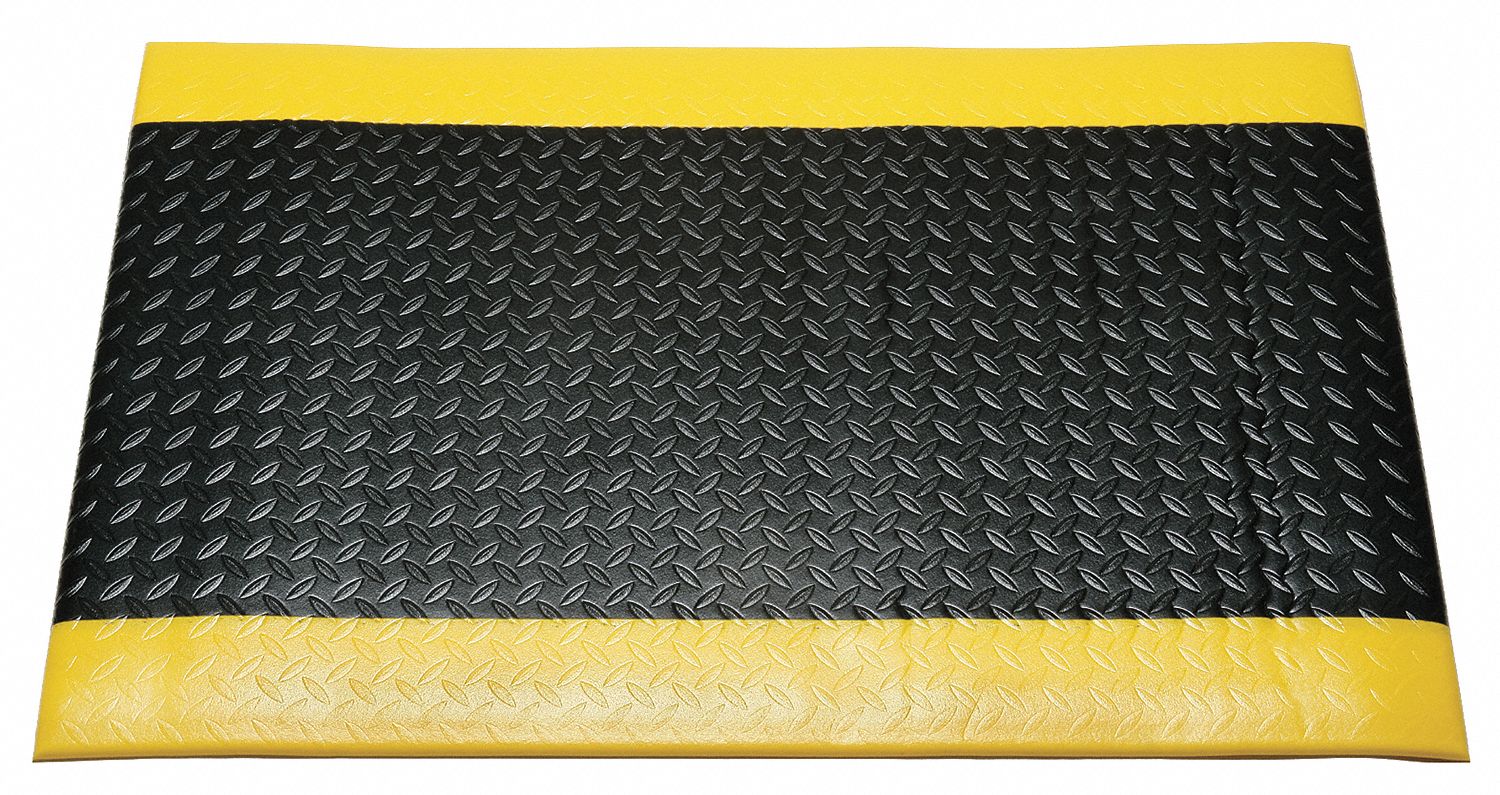 ANTIFATIGUE MAT, DIAMOND PLATE, 3 X 5 FT, 9/16 IN THICK, BLACK/YELLOW BORDER, BEVELED