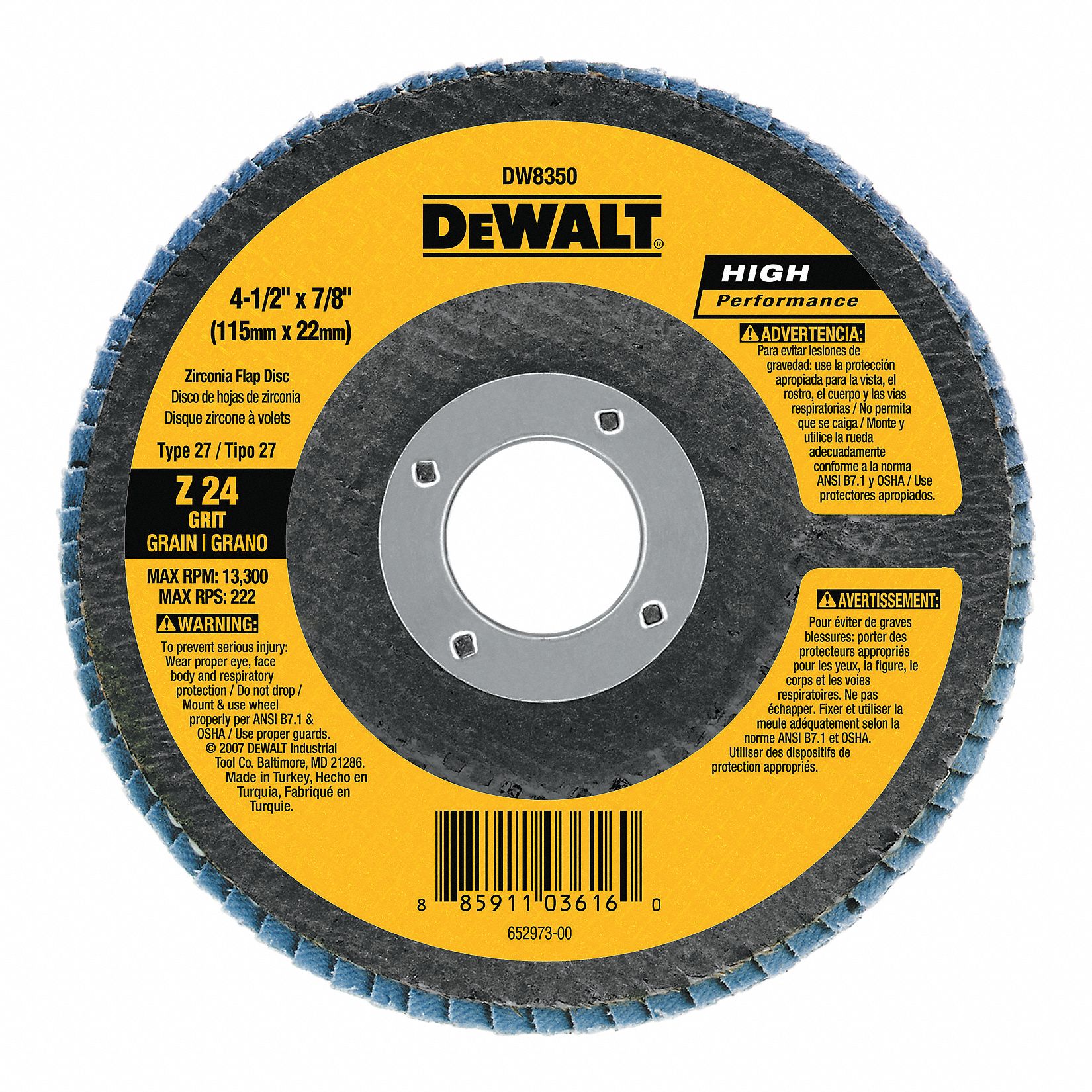 Abrasive Flap Disc: Type 27, 4-1/2" x 7/8", Zirconia Alumina, 80 Grit, Fiberglass Bk, HP