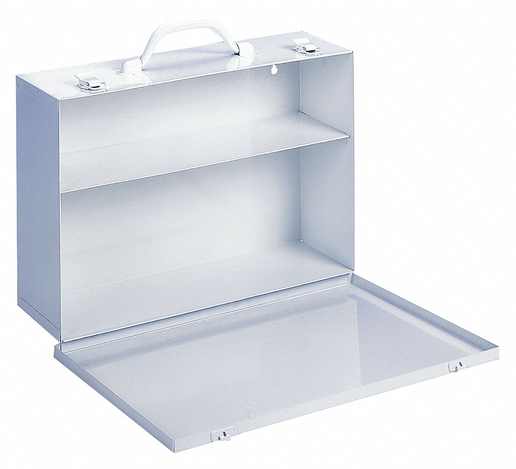 FIRST AID CABINET, INDUSTRIAL, 2 SHELVES, FOLD-DOWN DOOR, WHT, 15 X 10 1/4 X 4 1/2 IN, STEEL