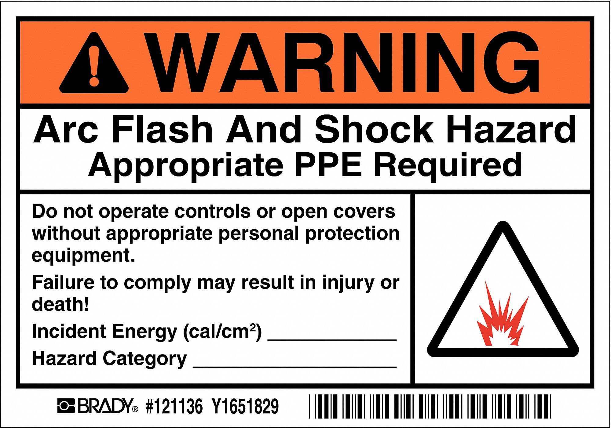 BRADY Arc Flash Label, Sign Format ANSI/OSHA Format 13K861121136