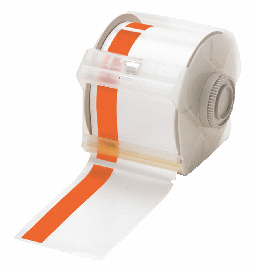 Continuous Label Stock: 2 1/4 in x 100 ft, Vinyl, Orange (Gloss)/White (Gloss), Outdoor