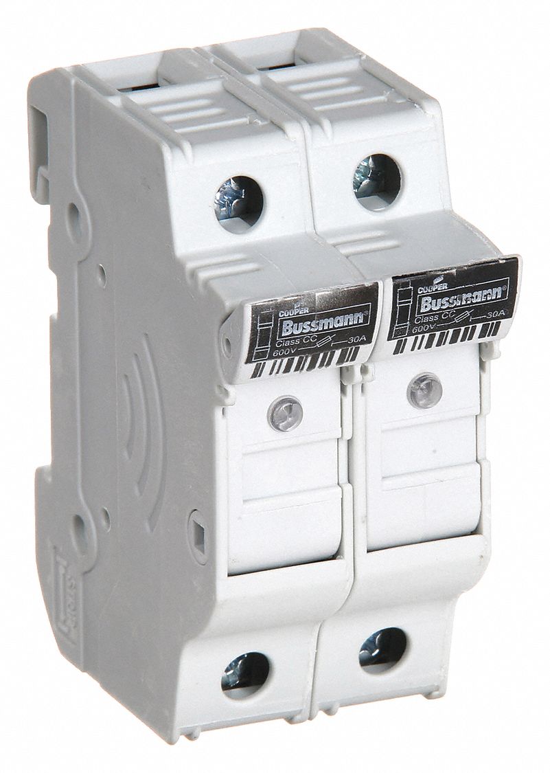 FINGER-SAFE FUSE BLOCK, 2 POLES, 0 TO 30 A, 600V AC/300V DC, CLAMP/SPADE LUG, INDICATING