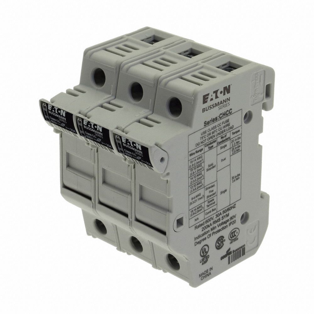 BUSSMANN FingerSafe Fuse Block 3 Poles, 0 to 30 A, 600V AC/300V DC