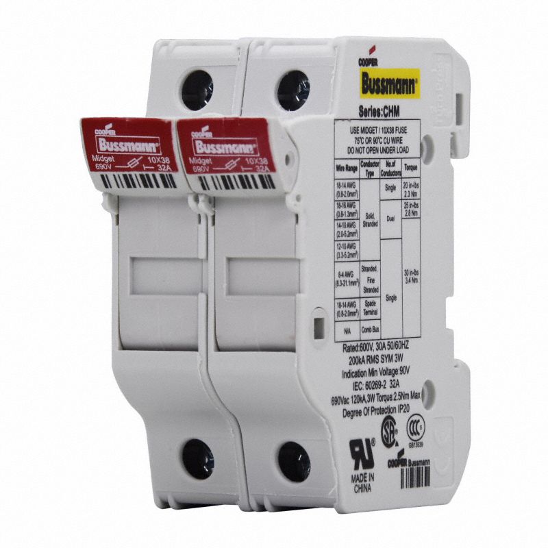 BUSSMANN FingerSafe Fuse Block 2 Poles, 0 to 30 A, 600V AC/DC, Clamp