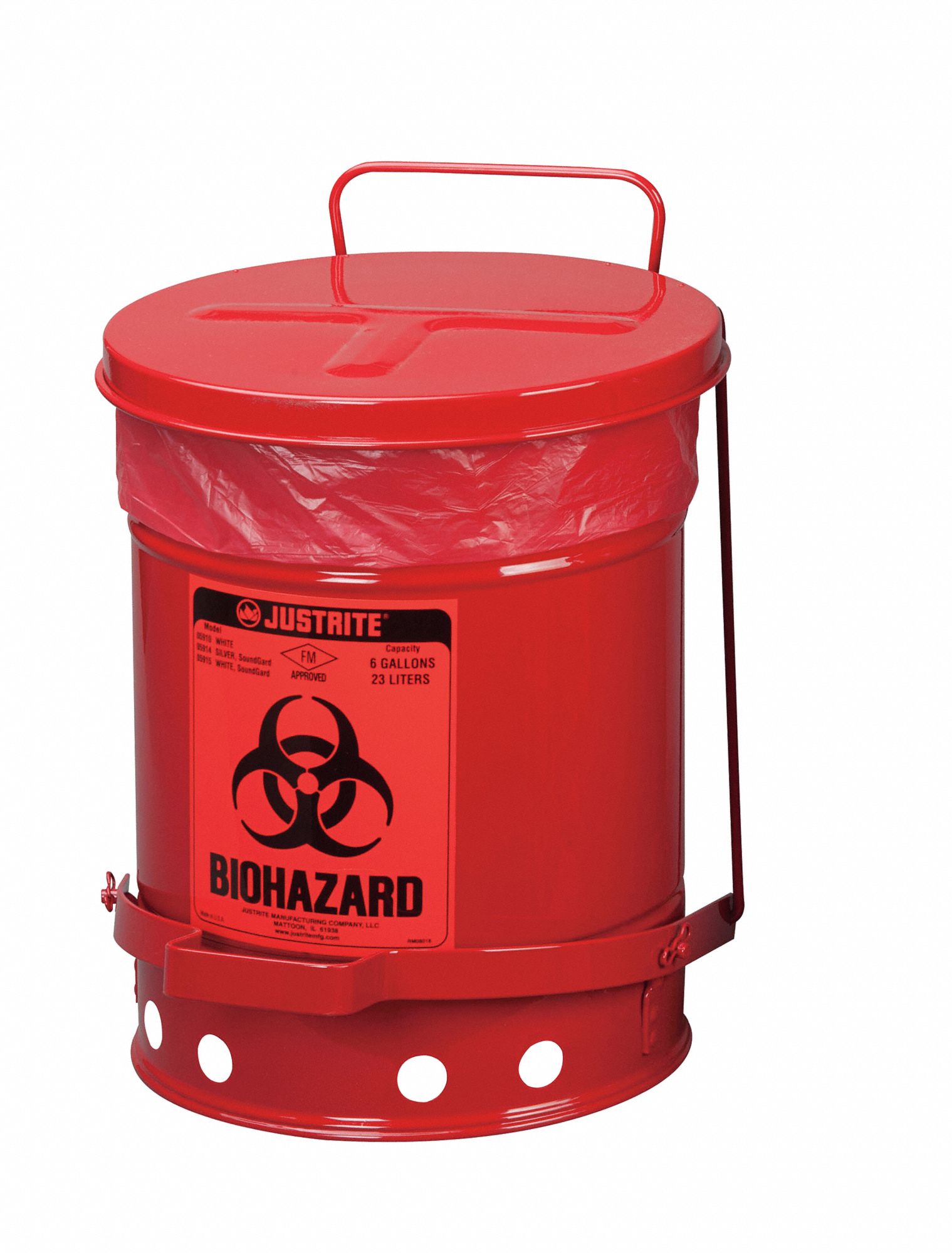 JUSTRITE Biohazard Waste Can, 6 gal, Red, Red, 15 7/8 in x 15 in