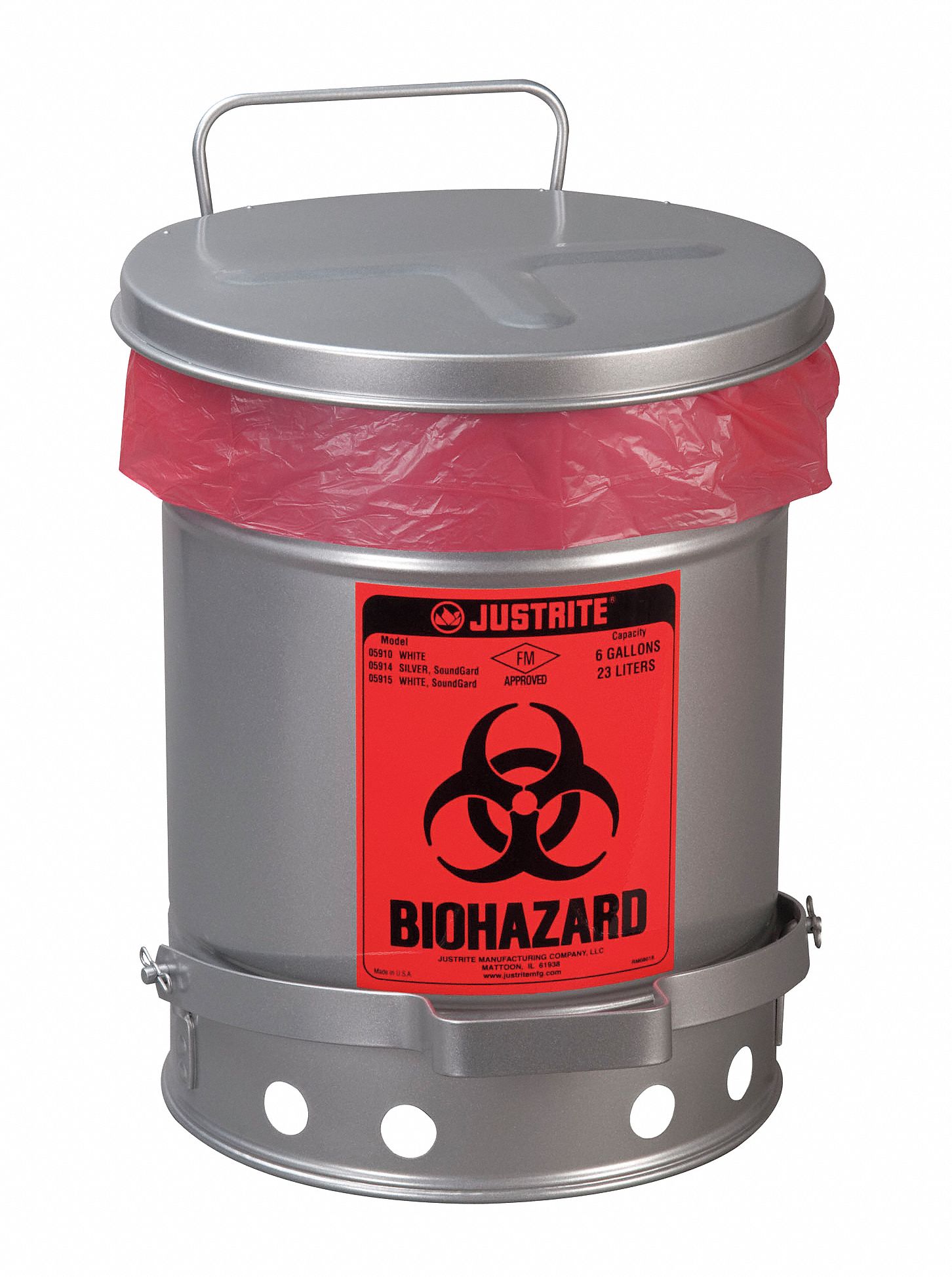 BIOHAZARD WASTE CAN, 6-GALLON CAPACITY, SILVER, STEEL, OSHA 29 CFR 1910.1030, FM