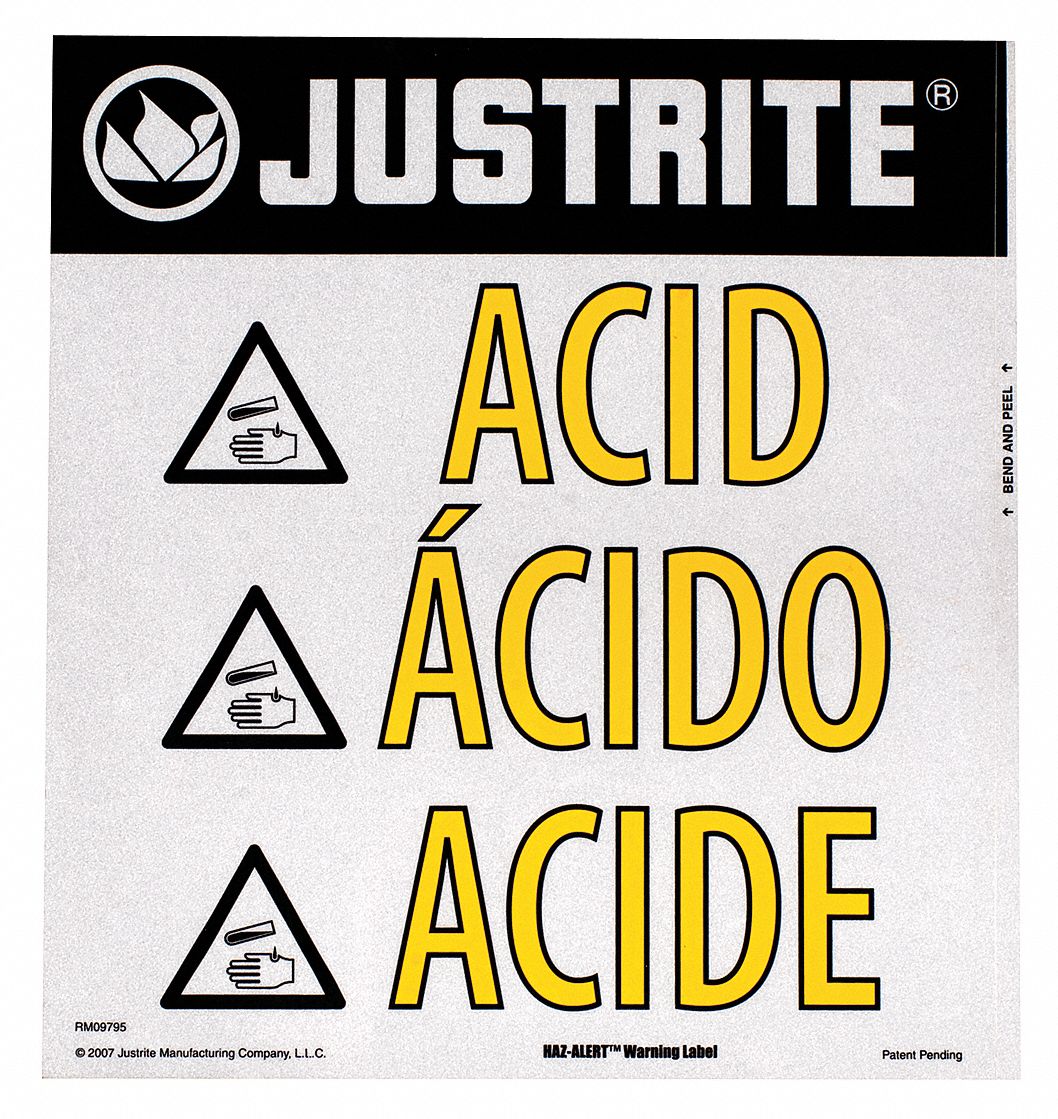 Safety Cabinet Label: Acid, 5 1/2 in x 4 3/4 in, Paper, Not Retroreflective