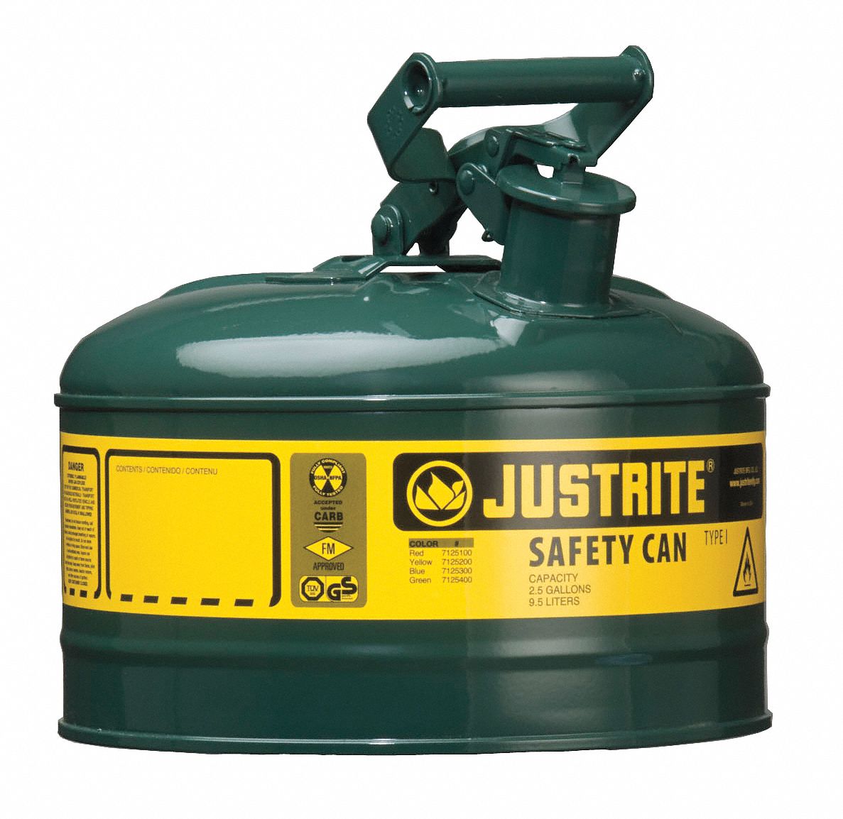 Type I Safety Can: For Use With Oil, 1 gal Capacity, Powder Coated Steel, Green