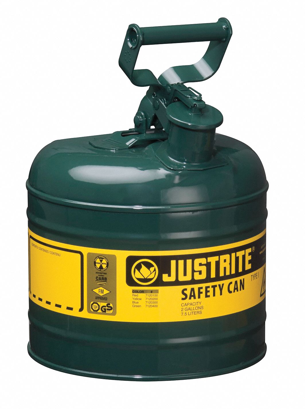 Type I Safety Can: For Use With Oil, 2 gal Capacity, Powder Coated Steel, Green