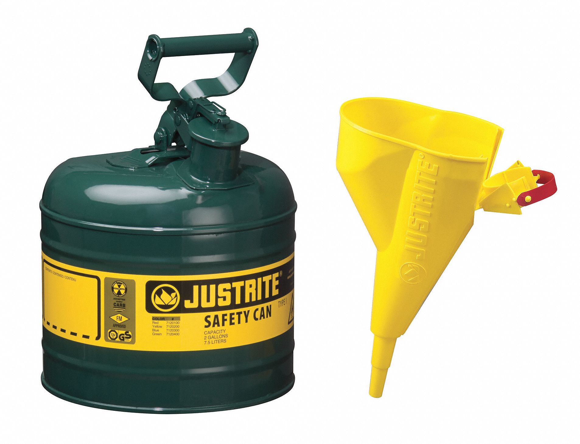Type I Safety Can: For Use With Oil, 2 gal Capacity, Includes Funnel, Powder Coated Steel