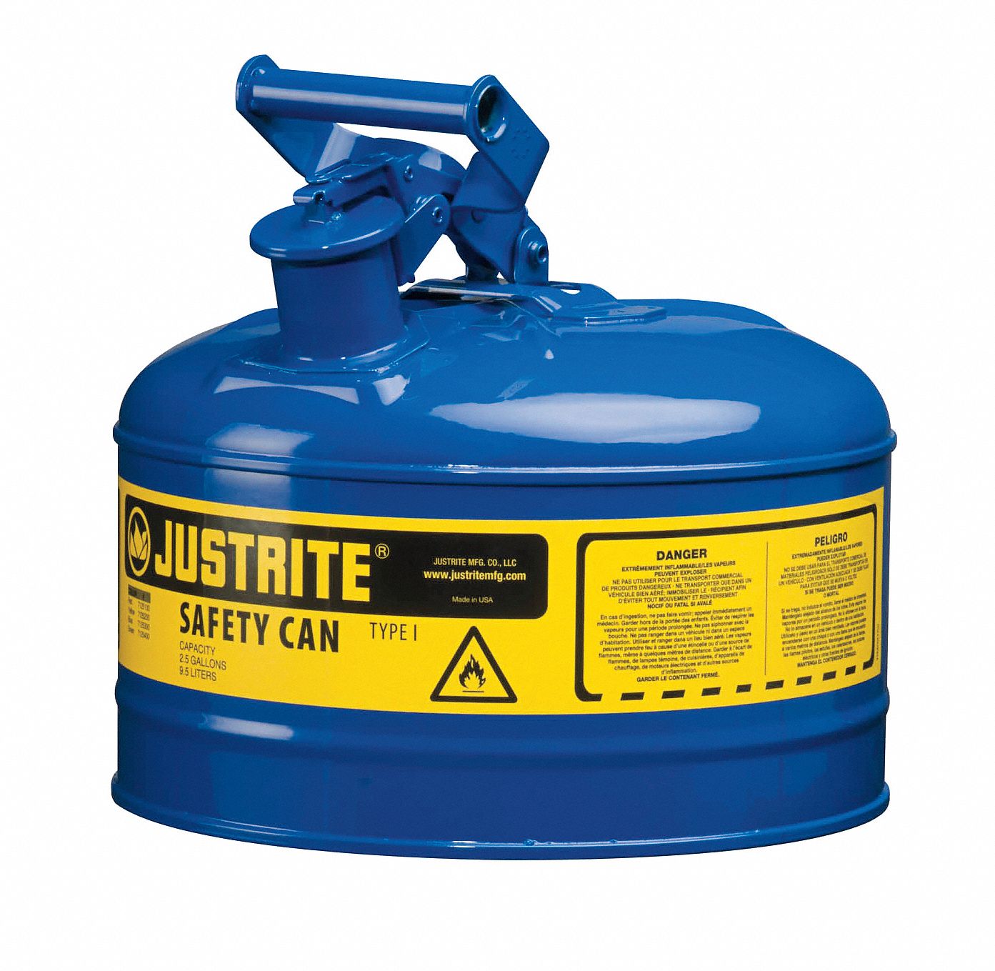 Type I Safety Can: For Use With Kerosene, 2 1/2 gal Capacity, Powder Coated Steel, Blue
