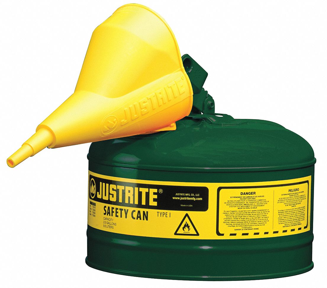Type I Safety Can: For Use With Oil, 2 1/2 gal Capacity, Includes Funnel, Green