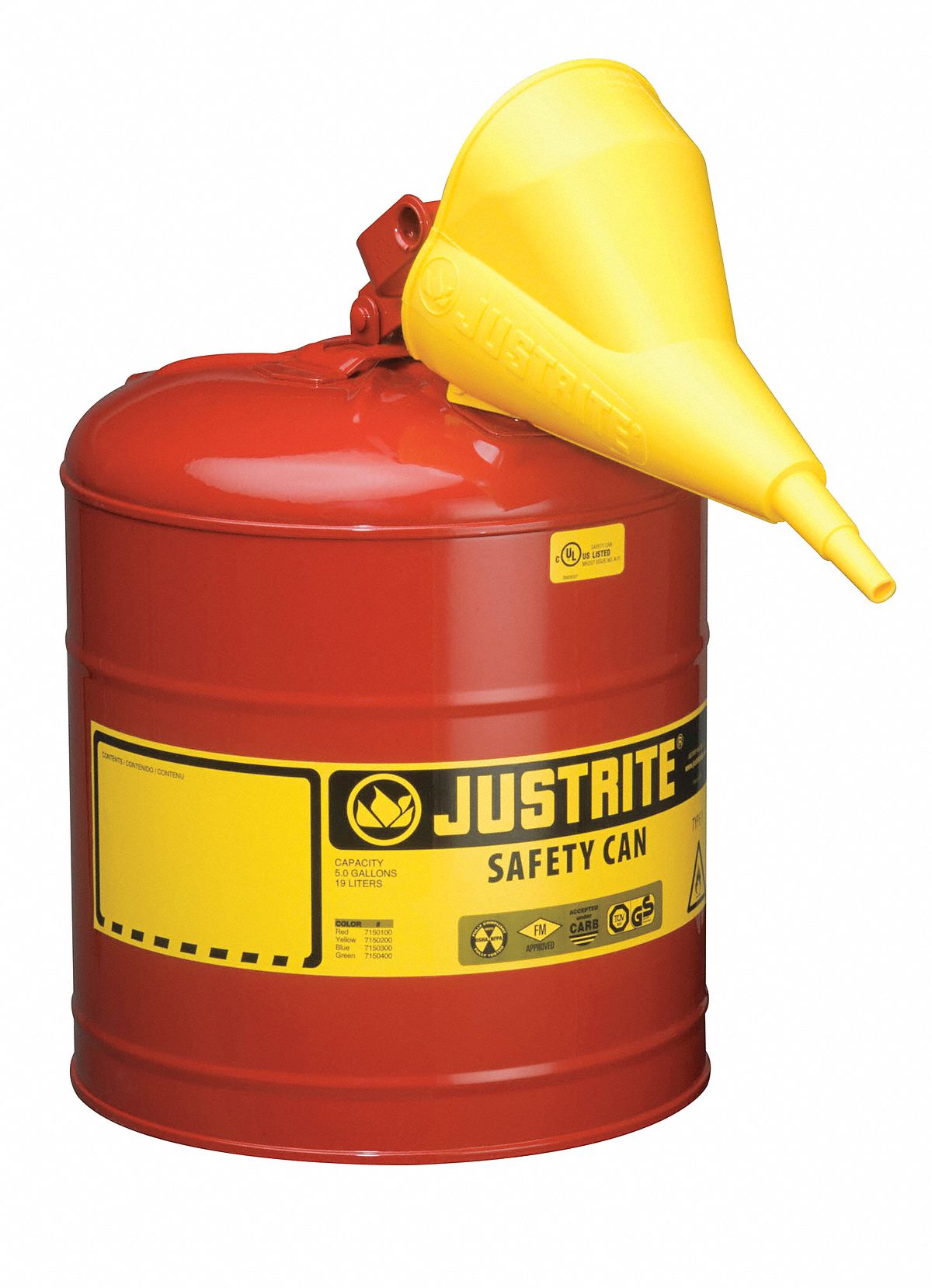 JUSTRITE, For Use With Flammables, 5 gal Capacity, Type I Safety Can