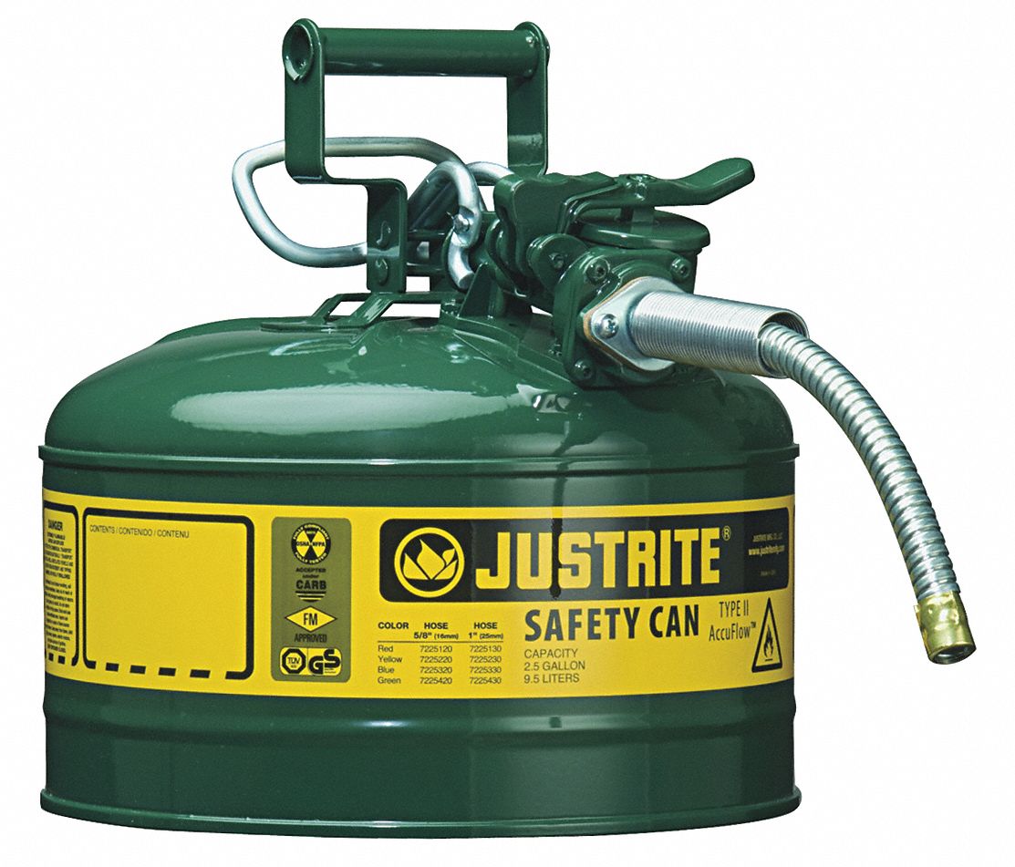 Type II Safety Can: For Use With Oil, 2 1/2 gal Capacity, Includes 5/8 in OD Hose, Green