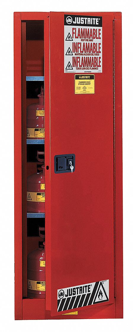 FLAMMABLES SAFETY CABINET, STANDARD SLIMLINE, 22 GALLON, 23¼ X 18 X 65 IN, RED