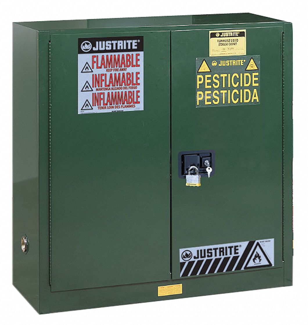 Hazardous Material Storage Cabinet: 30 gal, 43 in x 18 in x 44 in, Green, Self-Closing, 1 Shelves