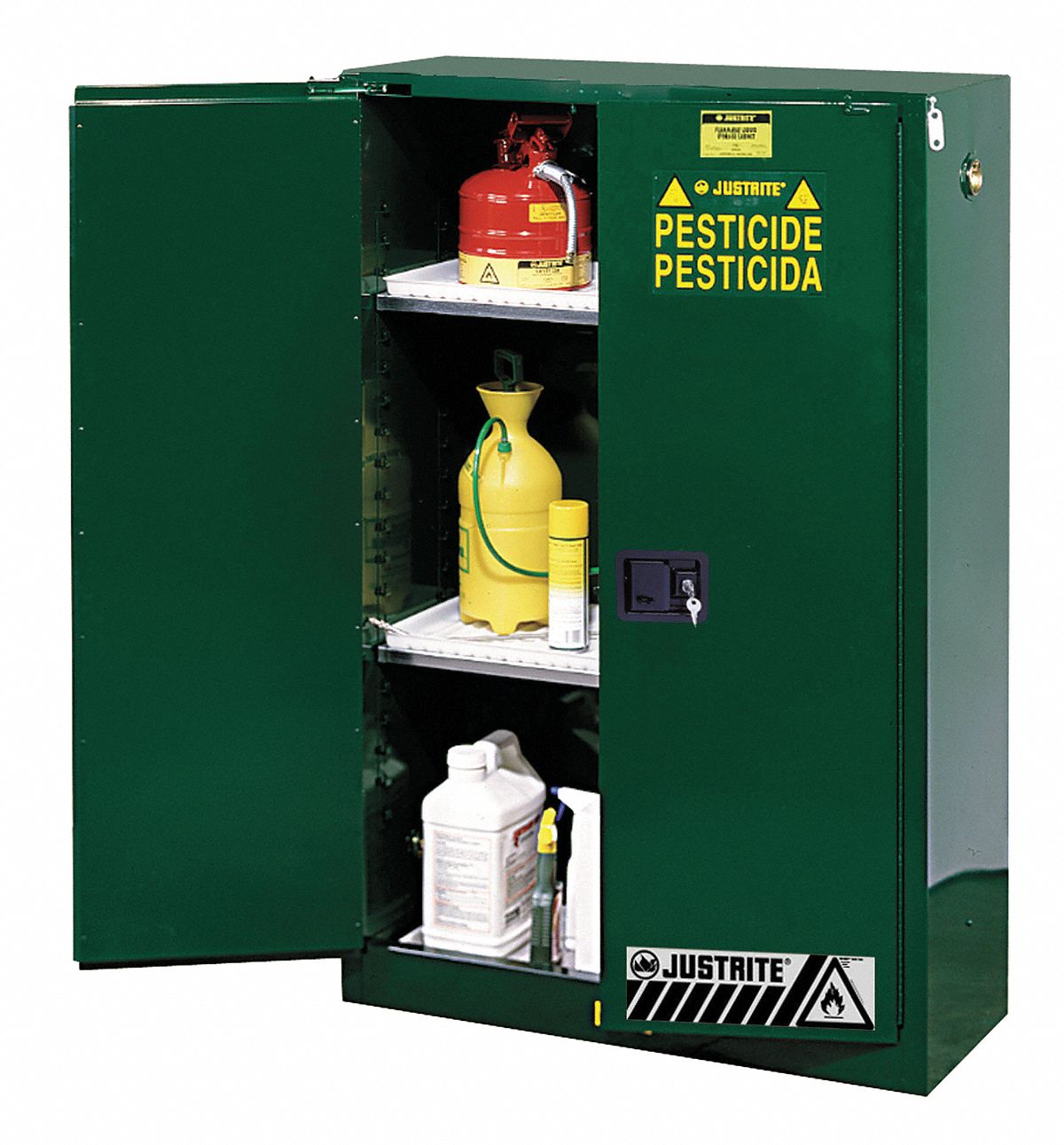 Hazardous Material Storage Cabinet: 45 gal, 43 in x 18 in x 65 in, Green, Self-Closing, 2 Shelves