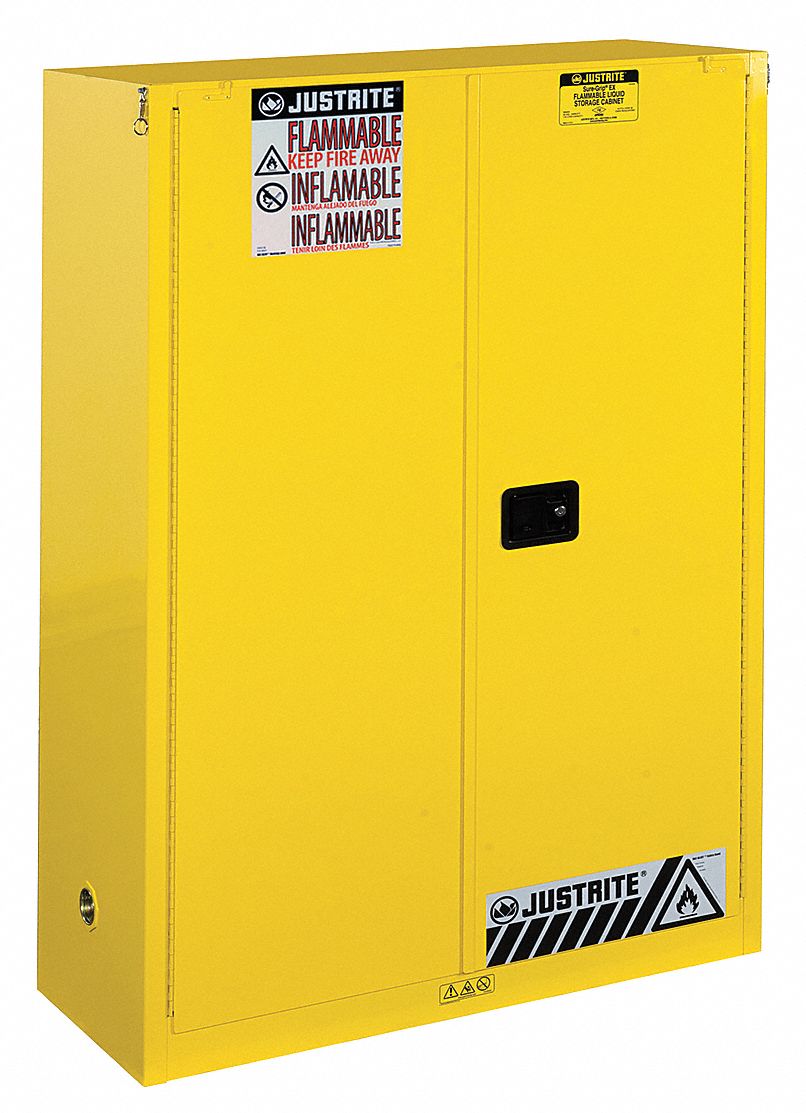 FLAMMABLES SAFETY CABINET, STANDARD, 60 GALLON, 43 X 18 X 65 IN, YELLOW, SELF-CLOSING