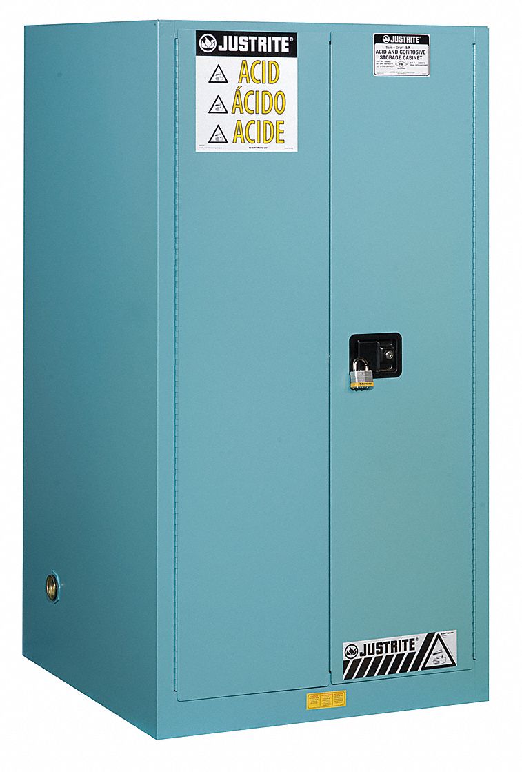 Hazardous Material Storage Cabinet: Std, 90 gal, 43 in x 34 in x 65 in, Blue, Self-Closing