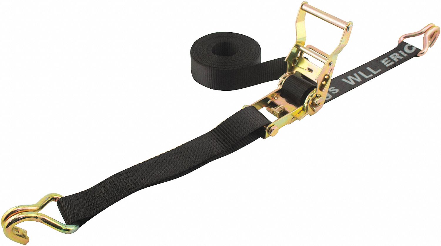 RATCHET STRAP, J HOOK, LOAD 1333 LB, BLACK, 15 FT X 1 1/2 IN, NYLON