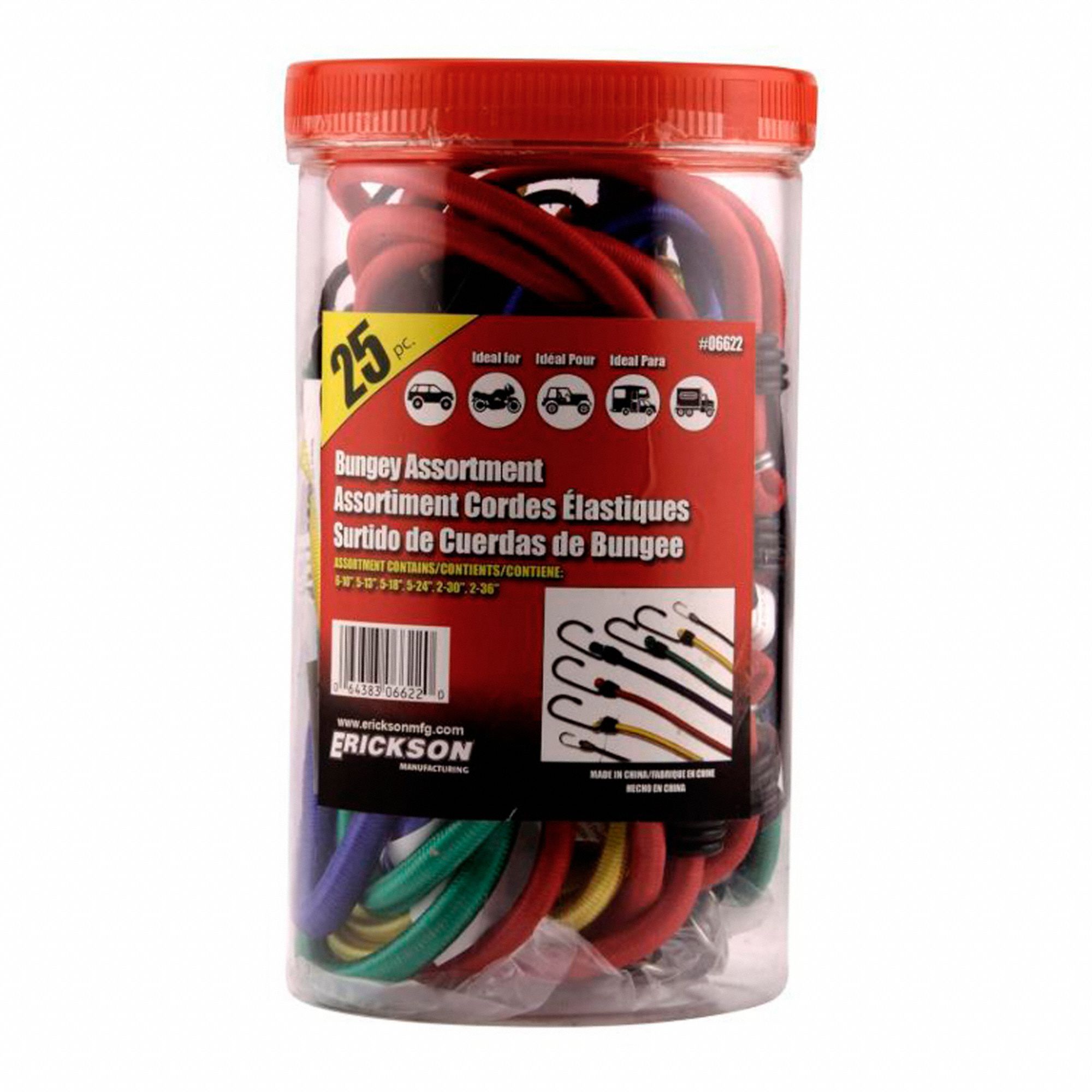 JAR OF BUNGEE CORD, BLUE, GREEN, RED, YELLOW, 1 IN W X 10 IN, 13 IN, 18 IN, 24 IN, 30 IN, 36 IN L, HOOK END TYPE