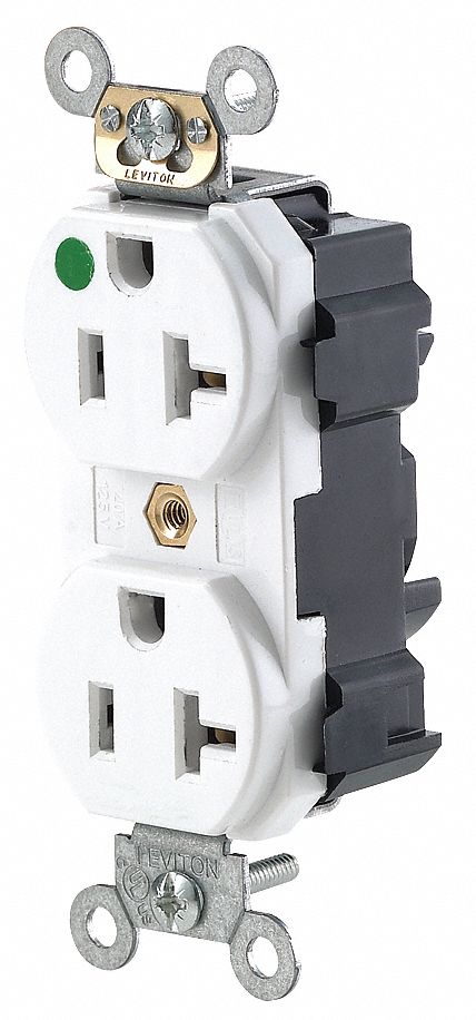 Receptacle: Duplex, 5-20R, 20 A, 125V AC, White, 2 Pole / 3 Wire Poles & Wires, Gen Purpose