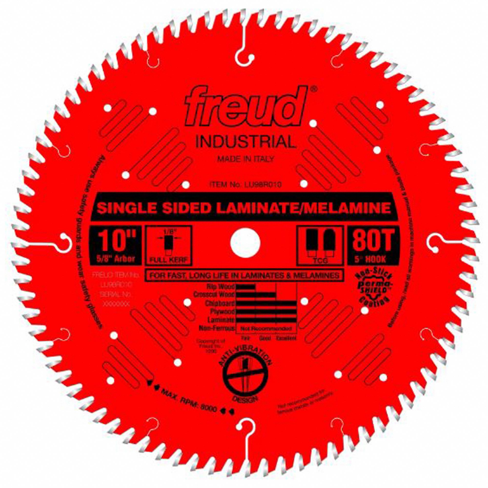 CIRCULAR SAW BLADE, 10 IN DIA, 80 TEETH, ⅝ IN, FOR WOOD/LAMINATE/MELAMINE/PLYWOOD