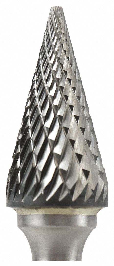 CARBIDE BURR CYLINDER, SSM-5 DOUBLE CUT POINTED CONE ROUND NOSE TREE, 1/2 X 7/8 X 1/4 IN SHANK,