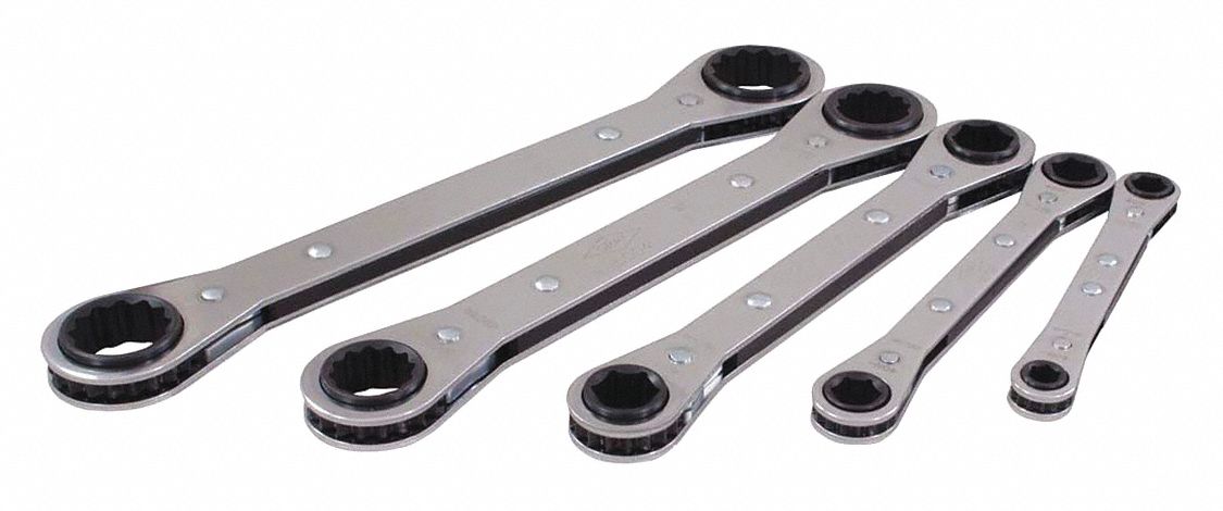 RATCHETING WRENCH BOX SET, GREY, 12 POINT, CHROME, 5 PIECE SET