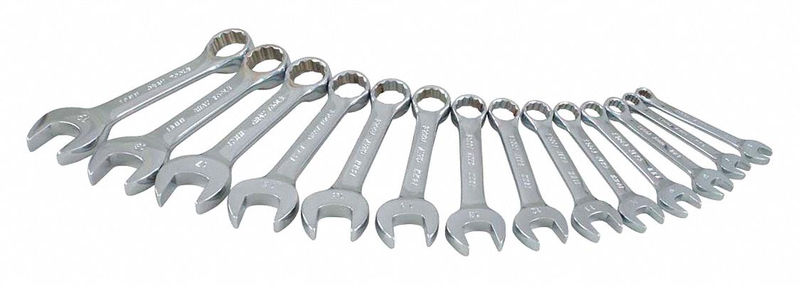 STUBBY WRENCH SET, METRIC, GREY, 12 PT, CHROME, 11 PIECE SET