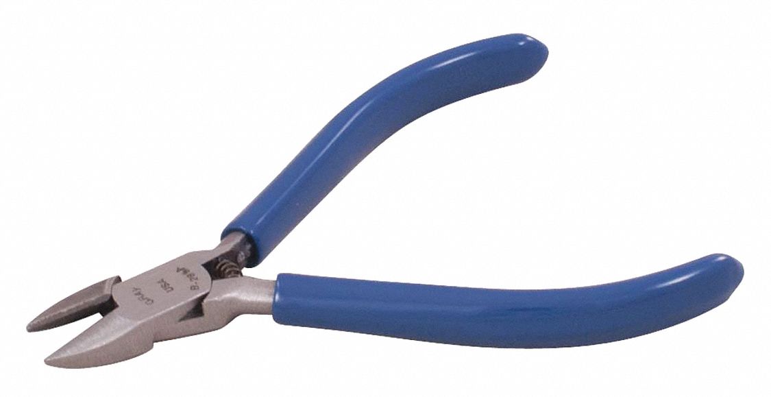 ROUND-NOSE CUTTING PLIERS, TRUE-FLUSH CUT, SPRING-LOADED, 4 1/4 IN L, JAW 1/2 IN L, FORGED STEEL