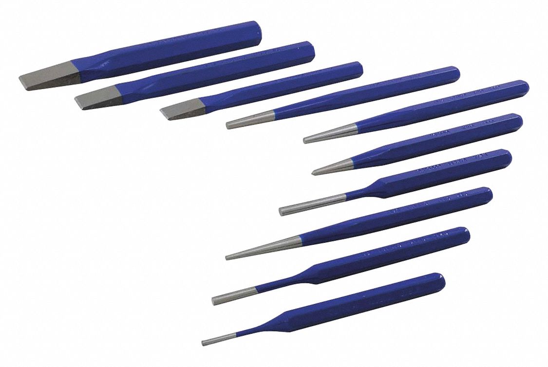 ENSEMBLE POINÇON/BURIN,10 PIÈCES/BURIN PLAT/POINÇON CONIQUE/CHASSE-GOUPILLE/POINÇON CENTRAL