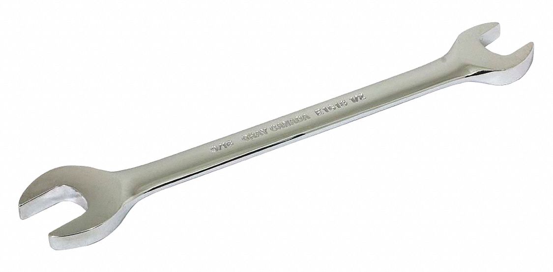 OPEN END WRENCH, STEEL, ½ IN, 9/16 IN HEAD, 7/32 IN HEAD THICKNESS, SAE, CHROME, 15 °  HEAD OFFSET, 7 IN L