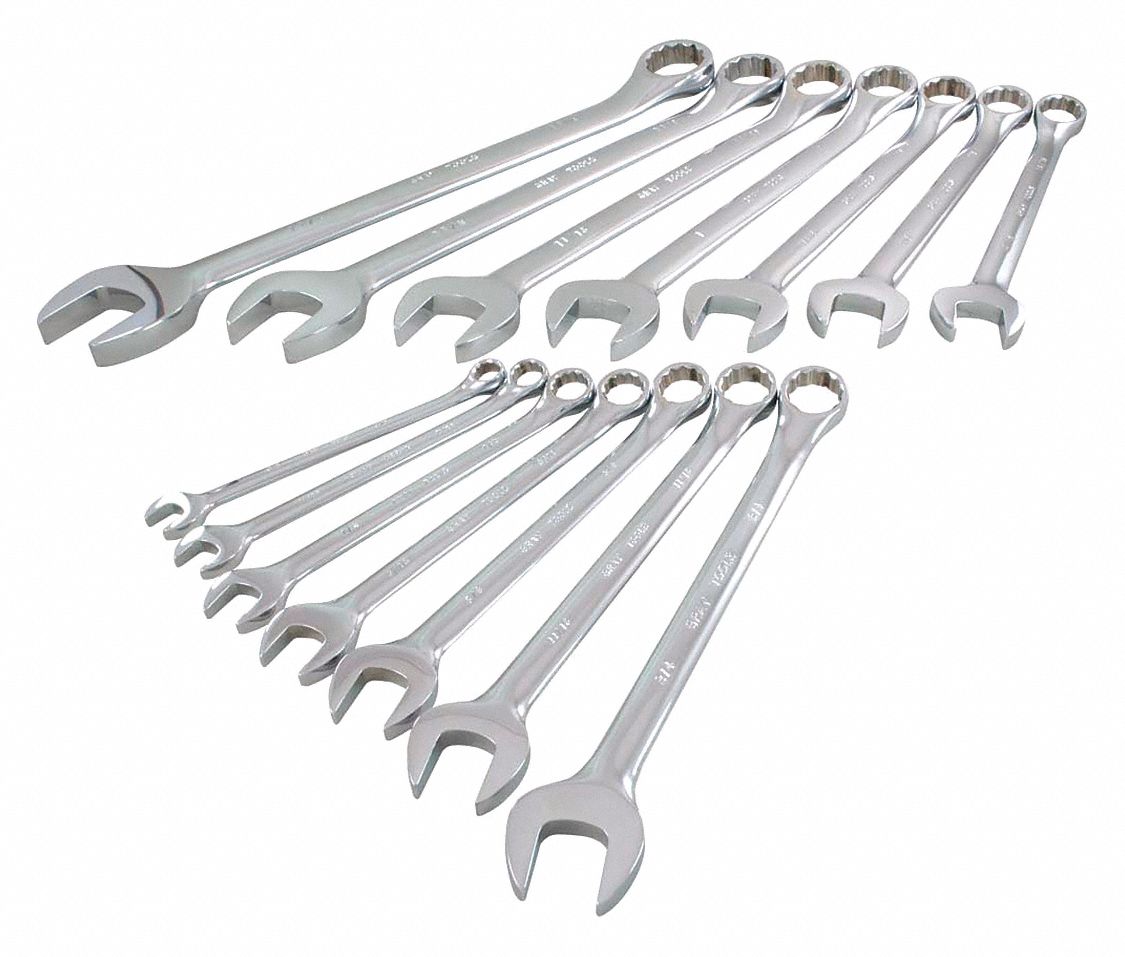 COMBINATION WRENCH SET, IMPERIAL, 12 PT, CHROME, 14 PIECE SET