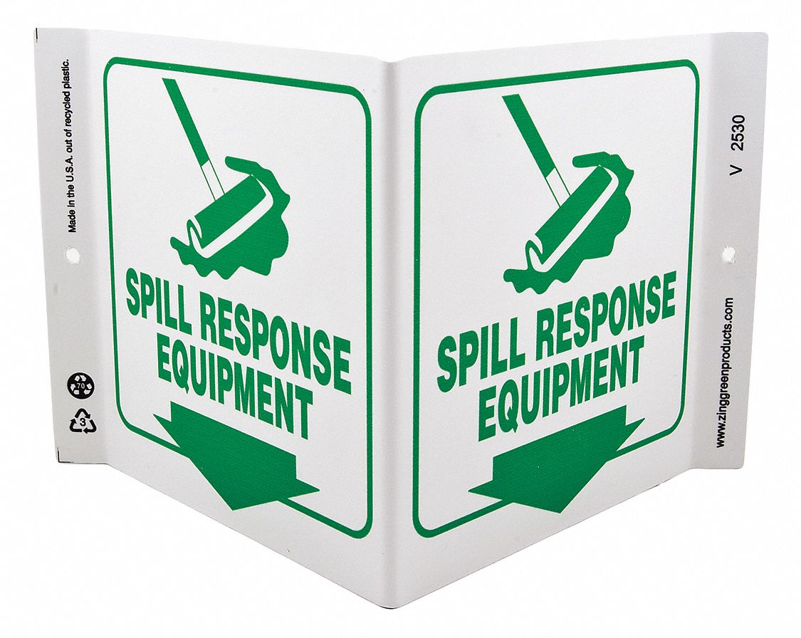 SPILL STATION SIGN, PLASTIC, 12 IN WIDTH, 7 IN HEIGHT, WITH MOUNTING HOLES, V-SHAPED