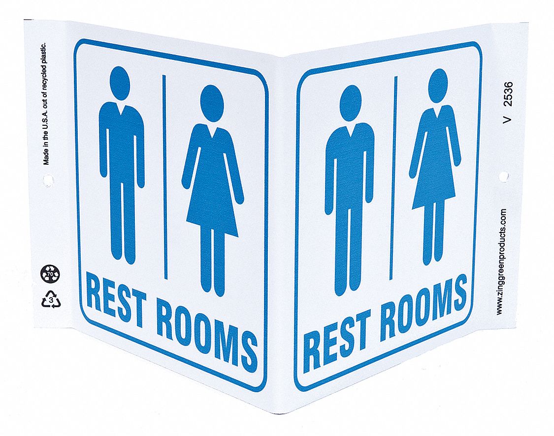RESTROOM SIGN, PLASTIC, 12 IN WIDTH, 7 IN HEIGHT, WITH MOUNTING HOLES, V-SHAPED