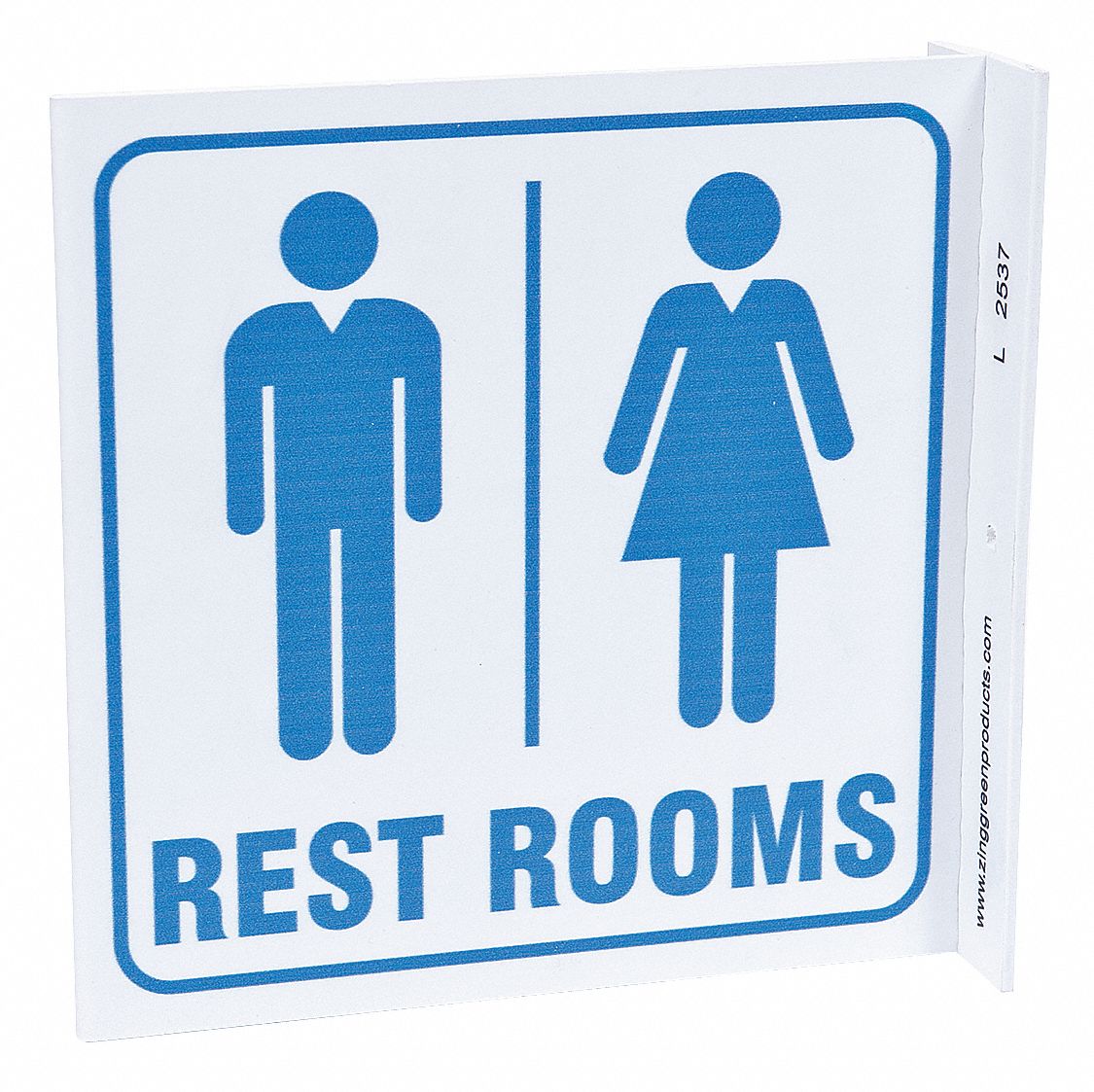 RESTROOM SIGN, PLASTIC, 7 IN WIDTH, 7 IN HEIGHT, WITH MOUNTING HOLES, L-SHAPED