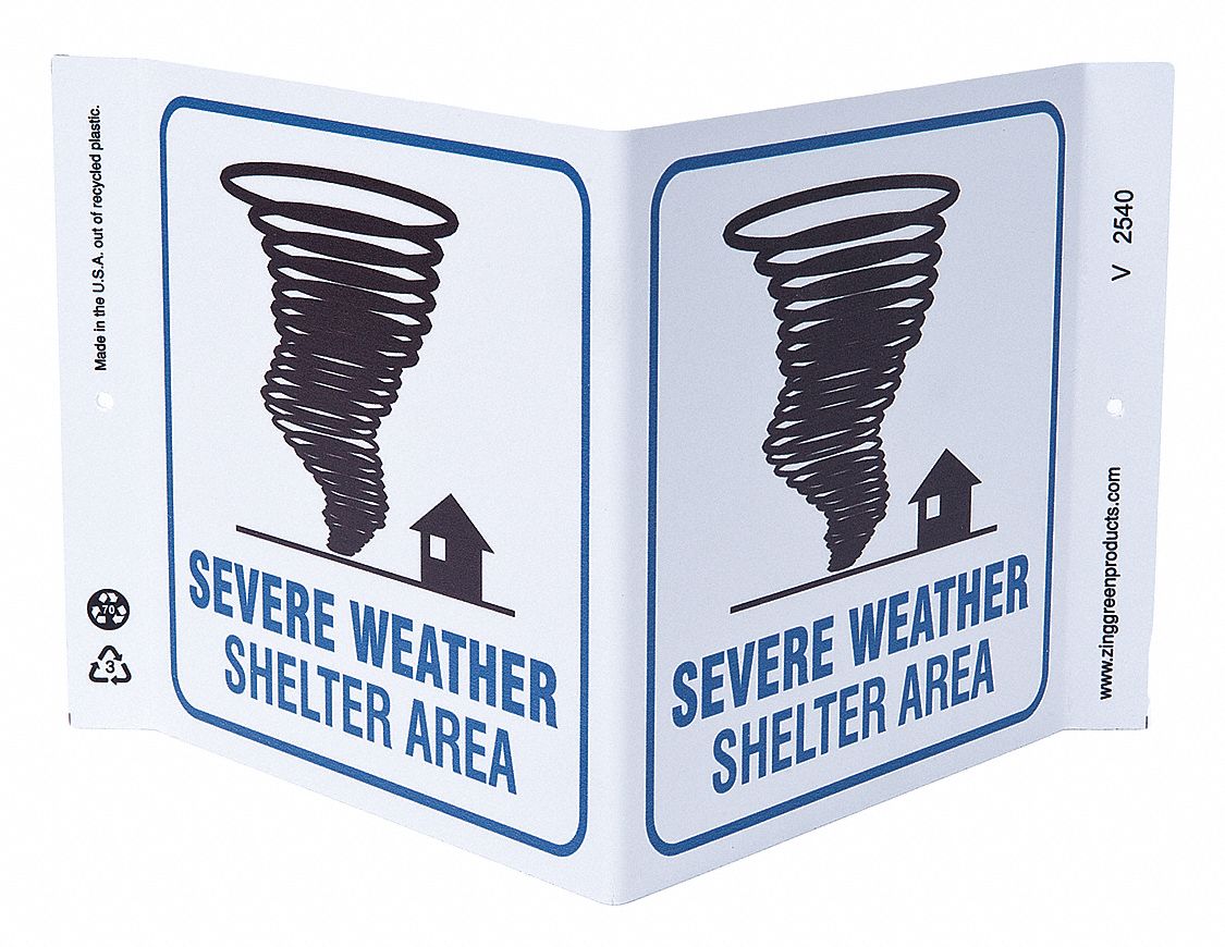 EVACUATION SIGN, ASSEMBLY OR SHELTER, PLASTIC, 7 IN X 12 IN, WITH MOUNTING HOLES, V-SHAPED