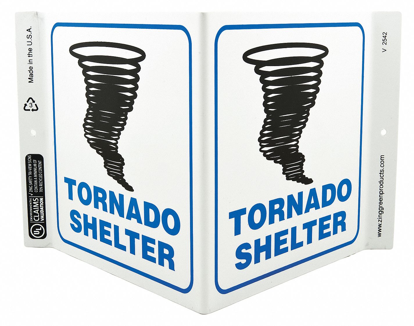 EVACUATION SIGN, ASSEMBLY OR SHELTER, PLASTIC, 7 IN X 12 IN, WITH MOUNTING HOLES, V-SHAPED
