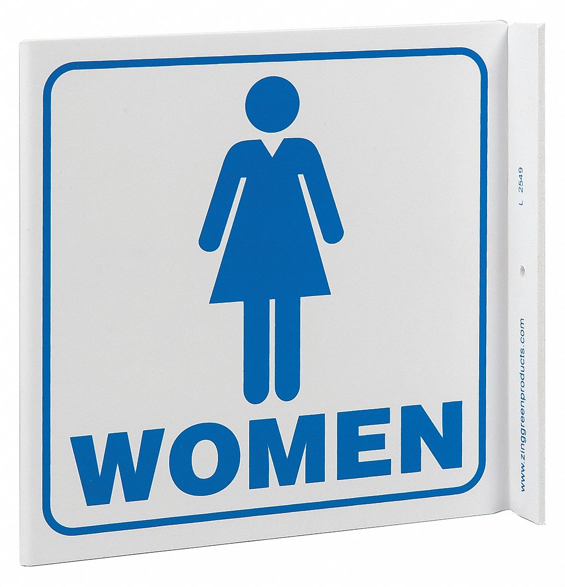 RESTROOM SIGN, PLASTIC, 7 IN WIDTH, 7 IN HEIGHT, WITH MOUNTING HOLES, L-SHAPED