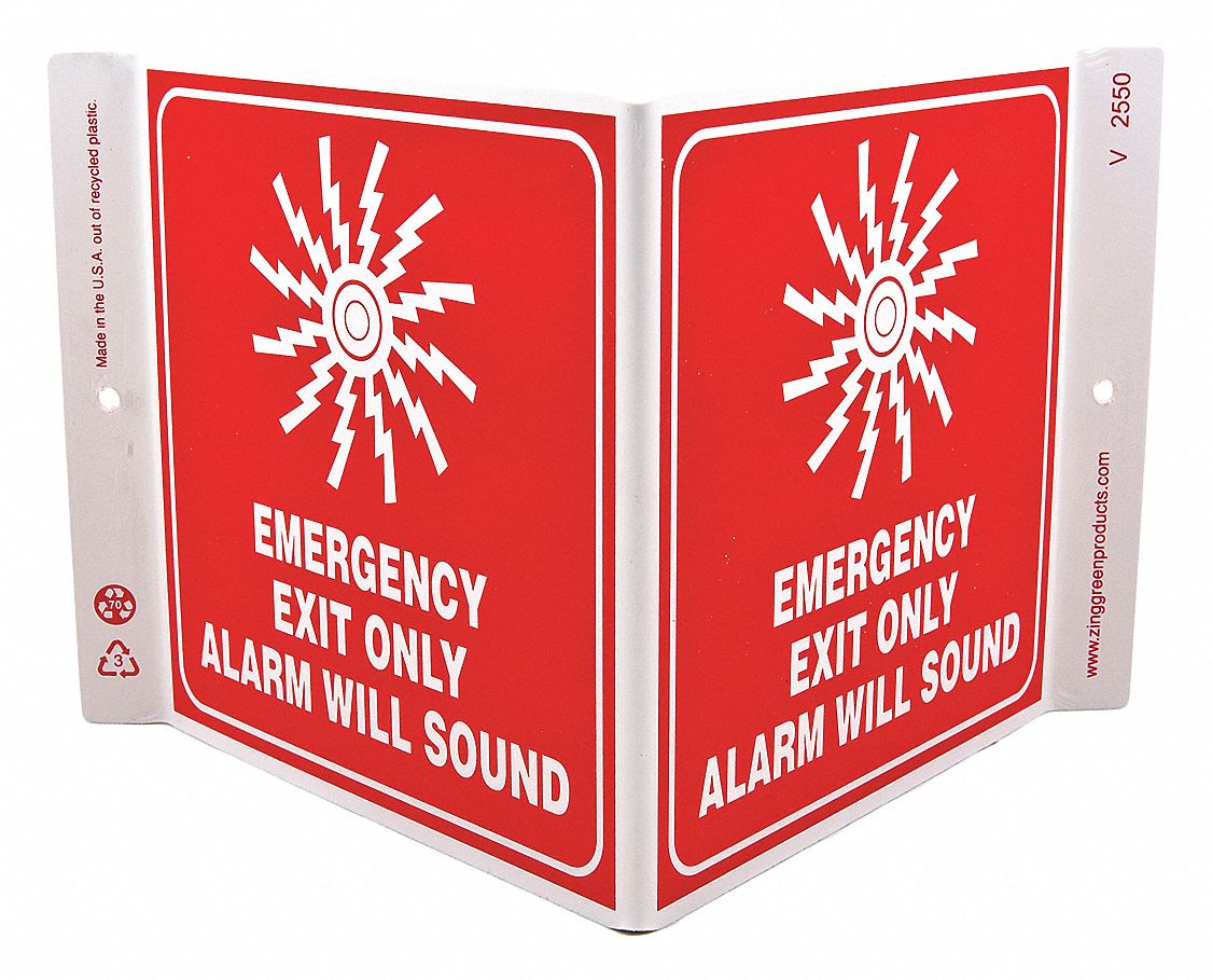 EMERGENCY EXIT SIGN, PLASTIC, MOUNTING HOLES, 7 X 12 IN NOMINAL SIGN SIZE, EMERGENCY EXIT ONLY ALARM WILL SOUND (PICTO)