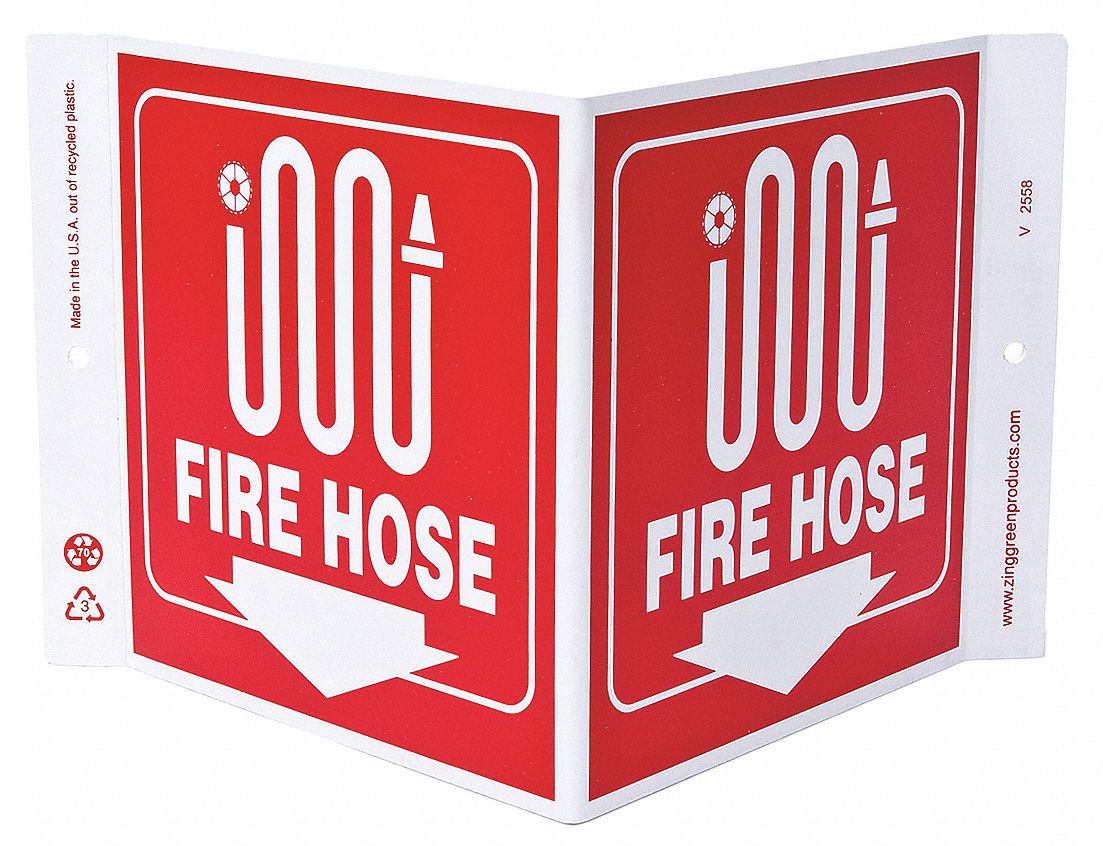 FIRE EQUIPMENT SIGN, PLASTIC, 7 IN X 12 IN, WITH MOUNTING HOLES, V-SHAPED
