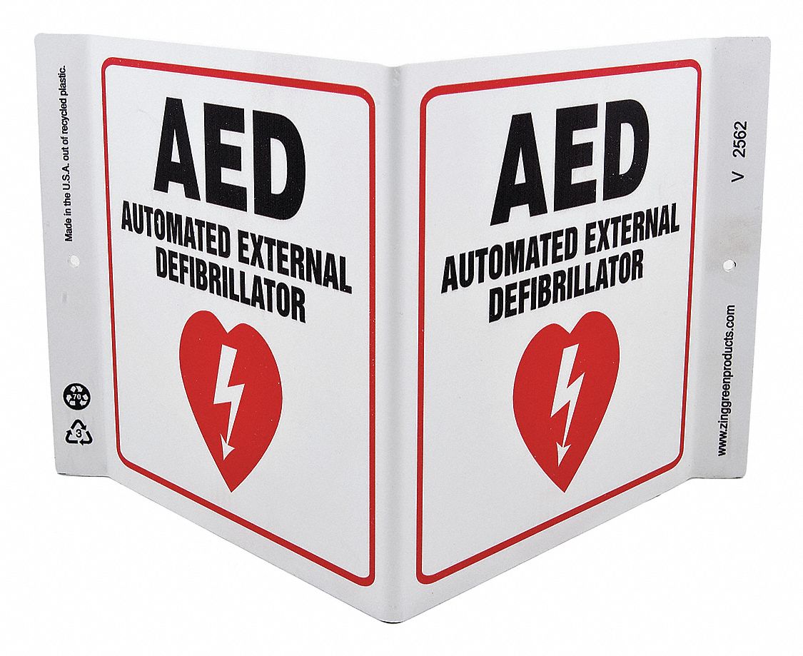 FIRST AID SIGN, PLASTIC, 12 IN WIDTH, 7 IN HEIGHT, WHITE, WITH MOUNTING HOLES, V-SHAPED