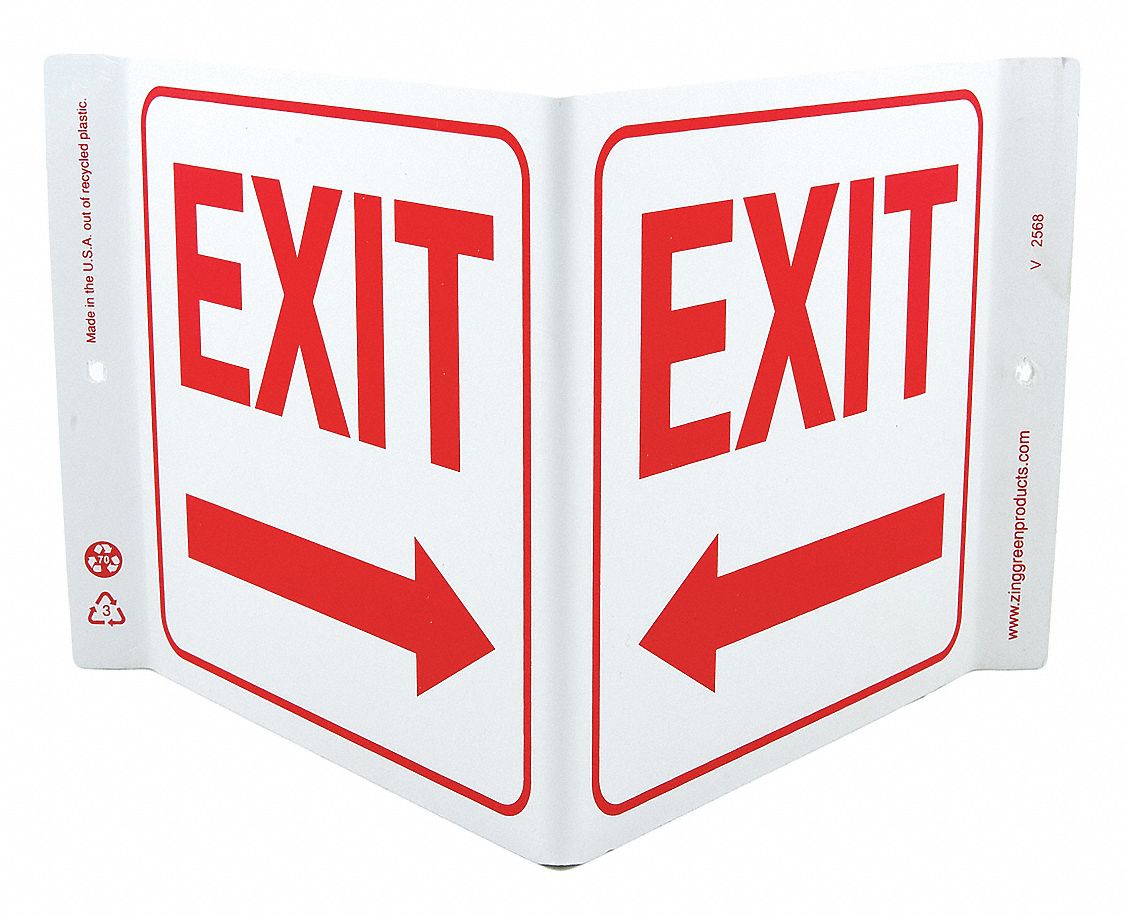 EXIT SIGN, PLASTIC, MOUNTING HOLES, 7 IN X 12 IN NOMINAL SIGN SIZE, 0.125 IN THICK, EXIT (ARROW)